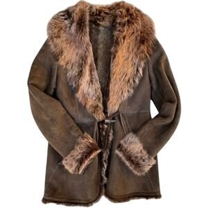 Vintage Blue Duck Penny Lane Coat – Suede & Shearling Fur Trim Festival Boho S